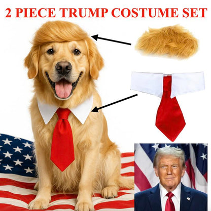 Trump Dog Costume Set - 2 Piece Hilarious Halloween Costume for Cats & Dogs with Red Tie & Blonde Wig - Easy On/Off Design for Pet Festivals