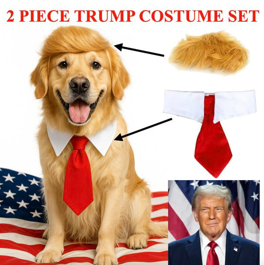 Trump Dog Costume Set - 2 Piece Hilarious Halloween Costume for Cats & Dogs with Red Tie & Blonde Wig - Easy On/Off Design for Pet Festivals